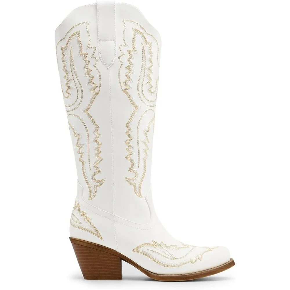 Women's White Square Toe Comfortable Side Zipper Tall Cowboy Knee High Boots
